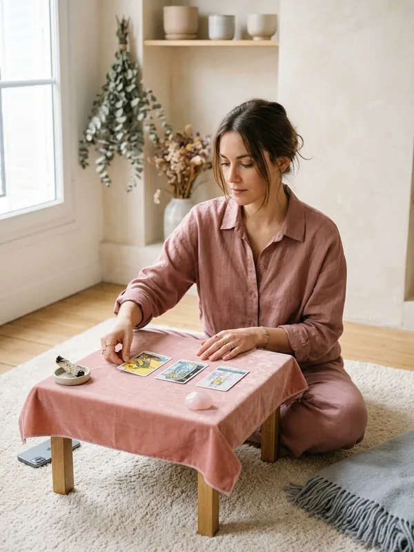 Sasha, tarologue 2.0, en consultation tarot en ligne depuis son studio moderne