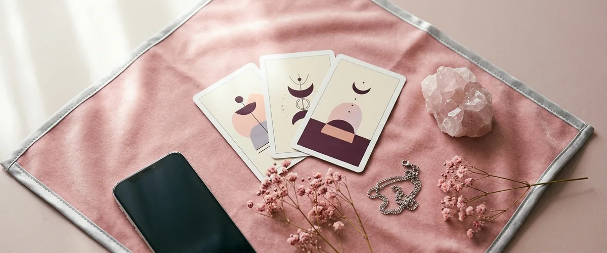 Flat-lay tarot 3 cartes étalées sur velours rose, smartphone, cristal de quartz rose, fleurs séchées