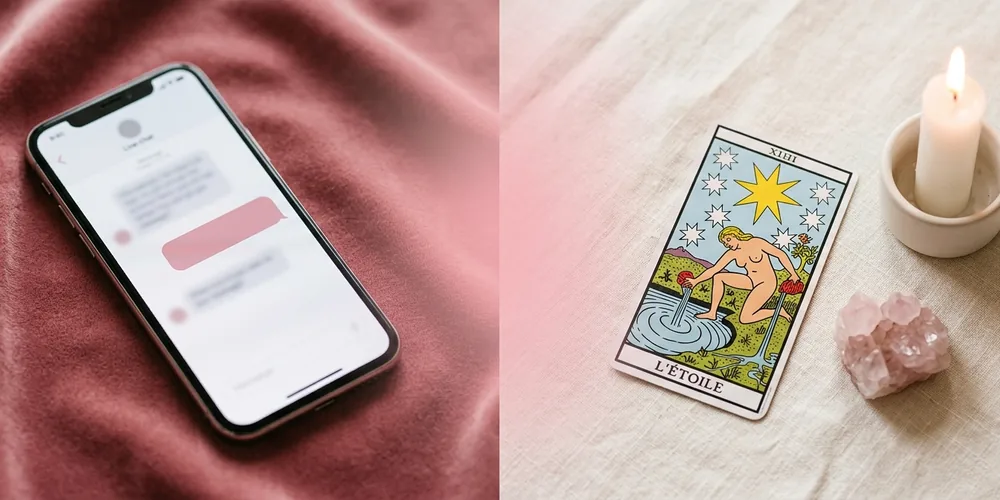 Smartphone affichant une conversation tarot à gauche, carte du Soleil et bougie à droite — voyance direct moderne