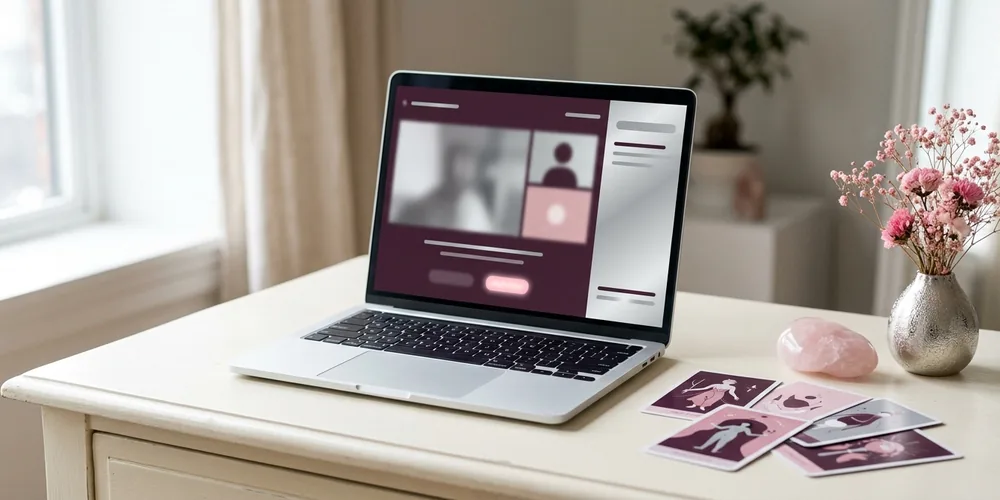 Ordinateur portable affichant une interface de consultation vidéo, cartes Tarot et cristal de quartz rose sur bureau crème